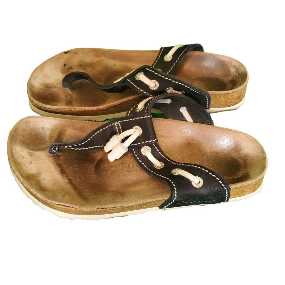 Birkenstock Papillio Leather Nautical Thong Slide Sandals Black White Sz 38 Reg